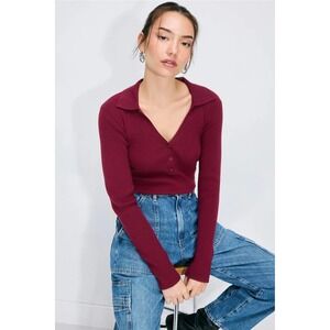 TWIN Burgundy Ribbed Knit Long Sleeve Polo Collar Button Front Top Large